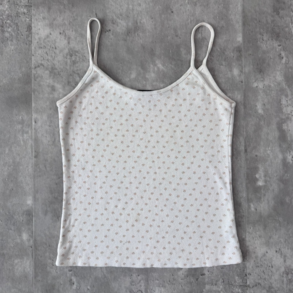 Brandy Melville Floral Tank Top Womens One Size White Pink Ribbed Ditsy Cami